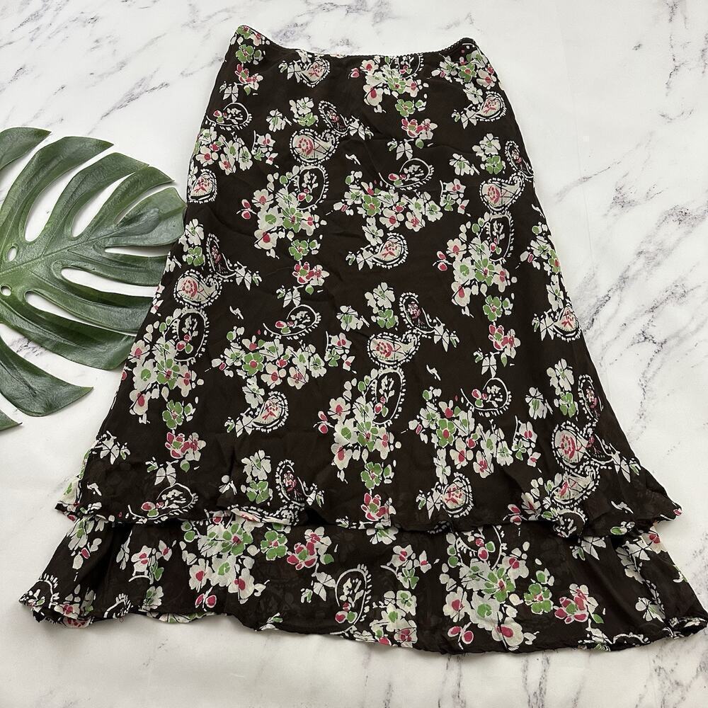 Style & Co Womens Vintage Y2k Slip Skirt Size 14 P Brown Green Paisley Floral